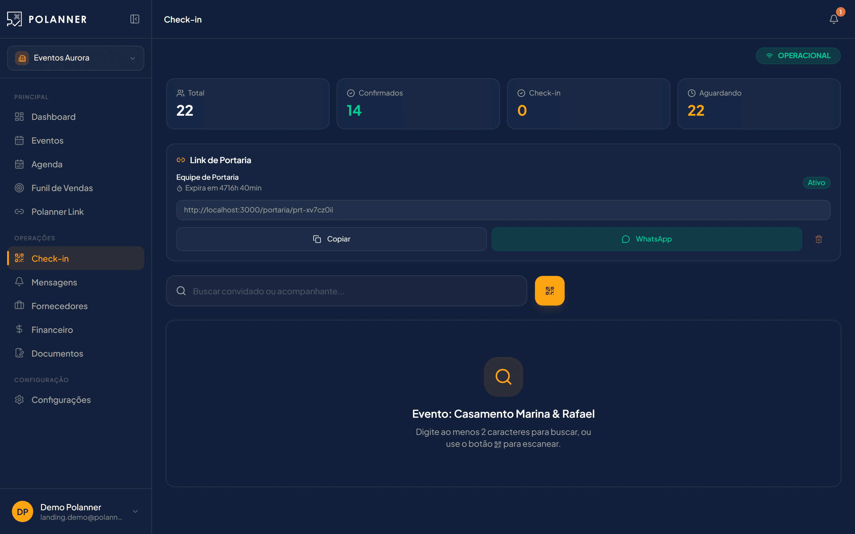 Tela de portaria com check-in ativo