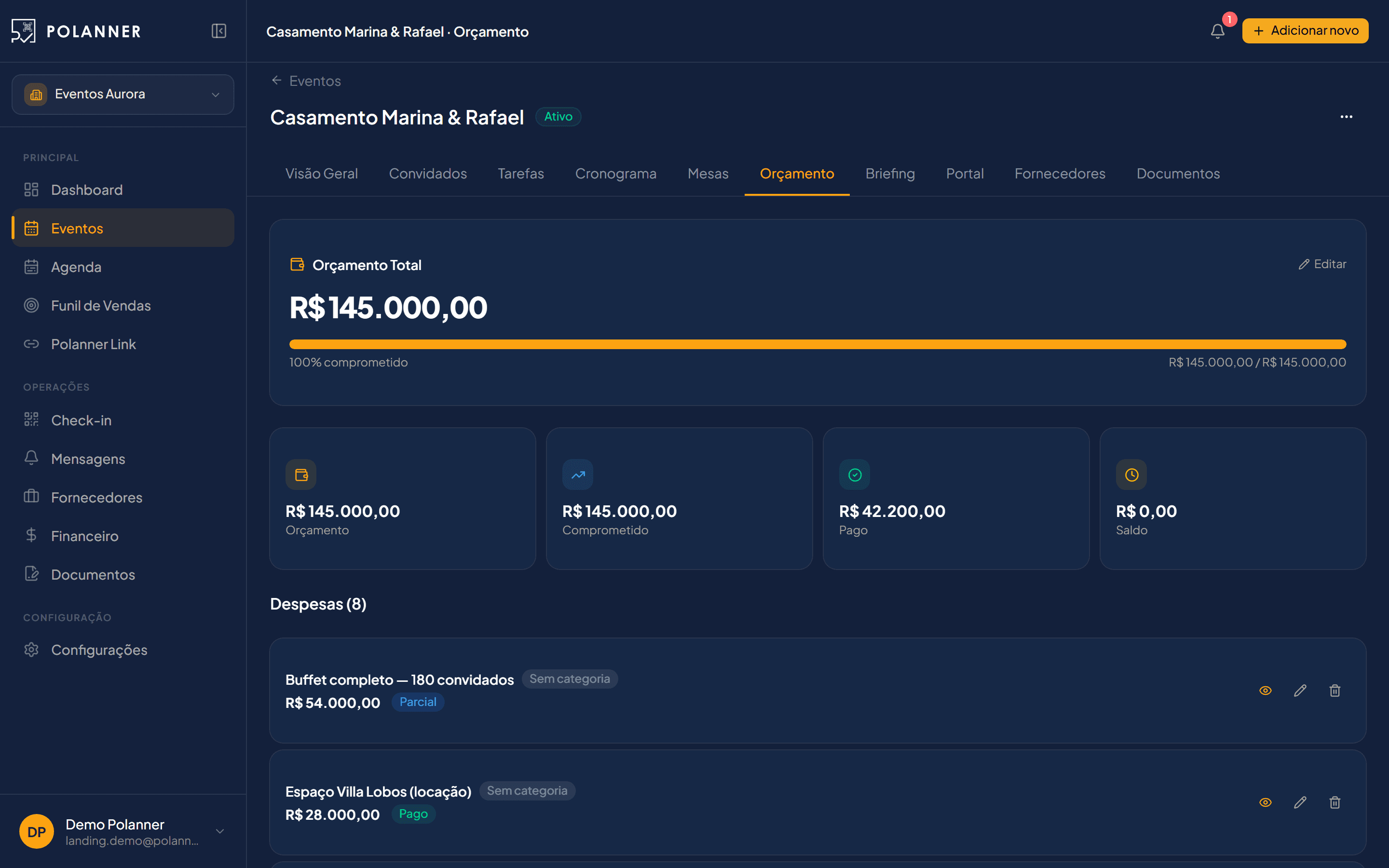 Tela financeira com gráfico e resumo