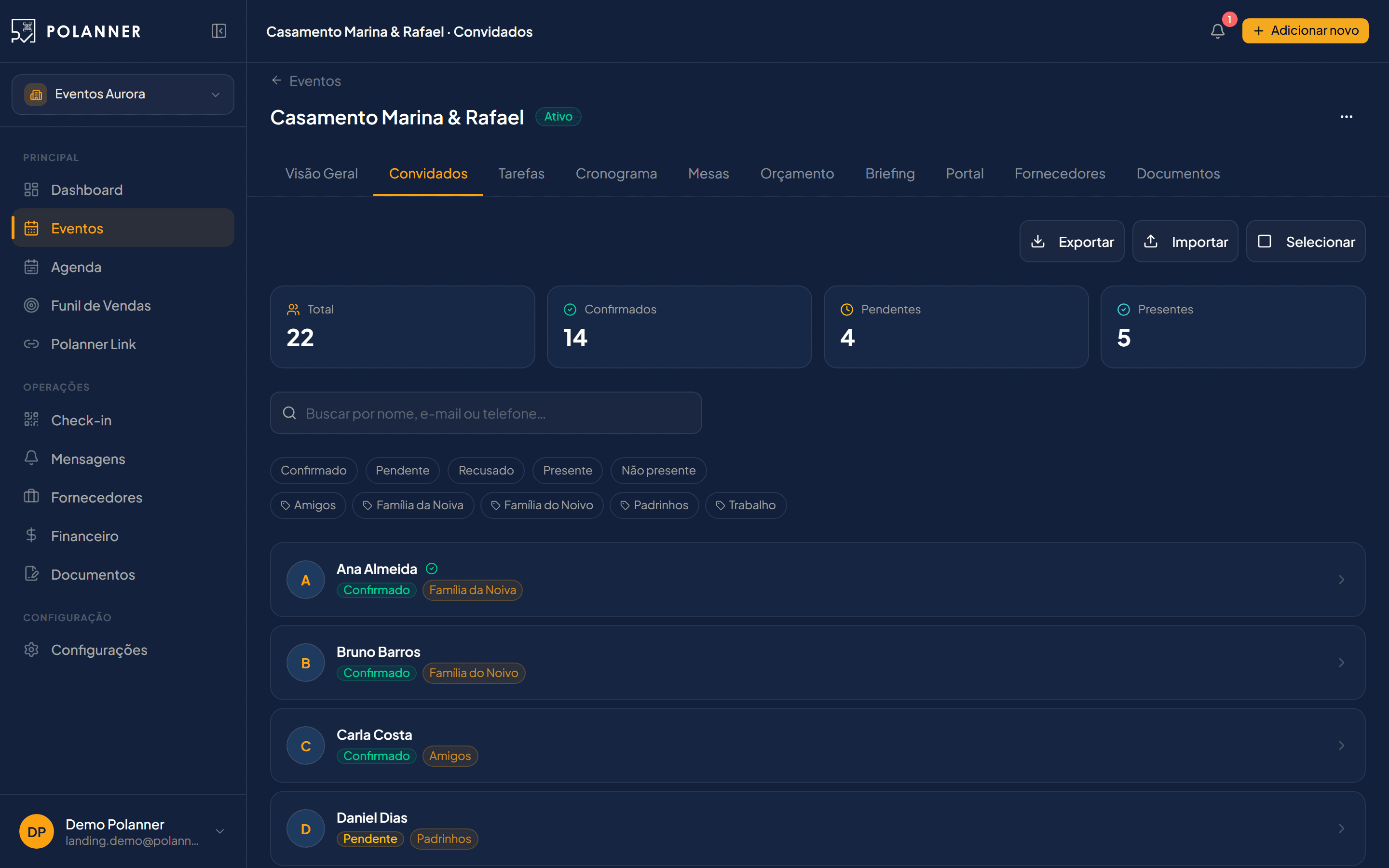 Lista de convidados e portal do cliente