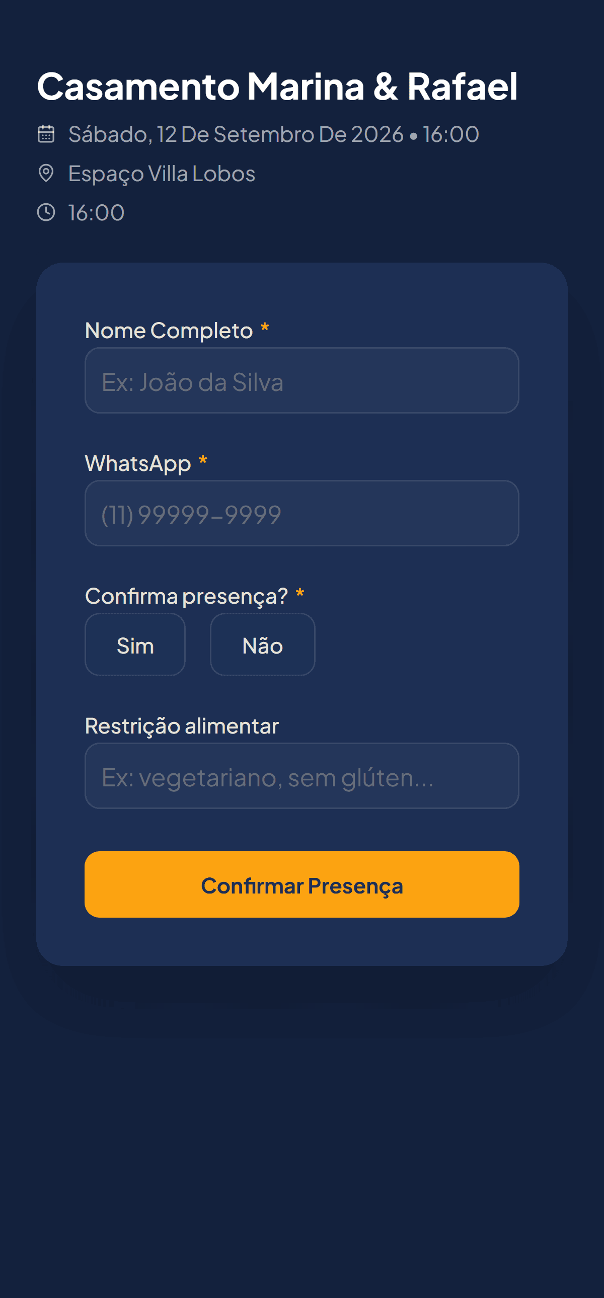 Página de RSVP no celular
